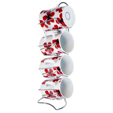 Red Painted Poppy Set of 4 Stacking Mugs