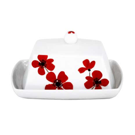 Red Painted Poppy Butter Dish