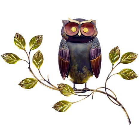 Owl on Branch Metal Wall Art