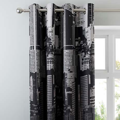 City Scene Black Thermal Eyelet Curtains