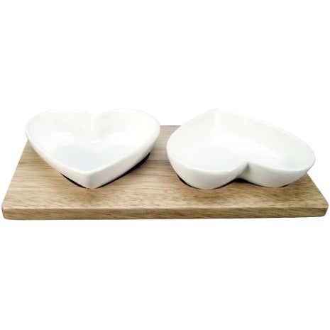 Country Heart Pair of Dip Dishes on a Wooden Plinth