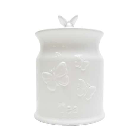 White Butterflies Embossed Tea Canister