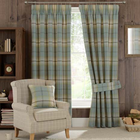 Highland Check Duck-Egg Lined Pencil Pleat Curtains