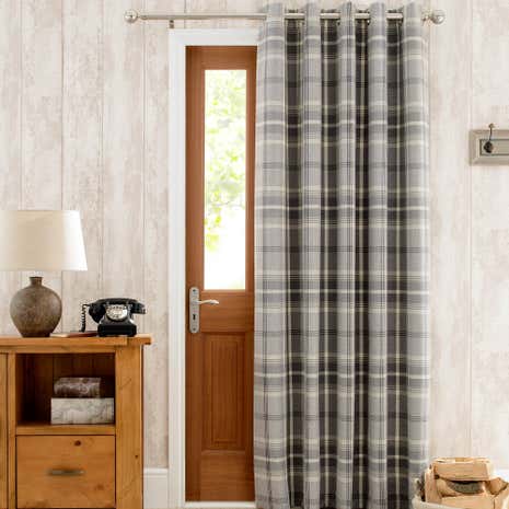 Highland Check Grey Lined Eyelet Door Curtain