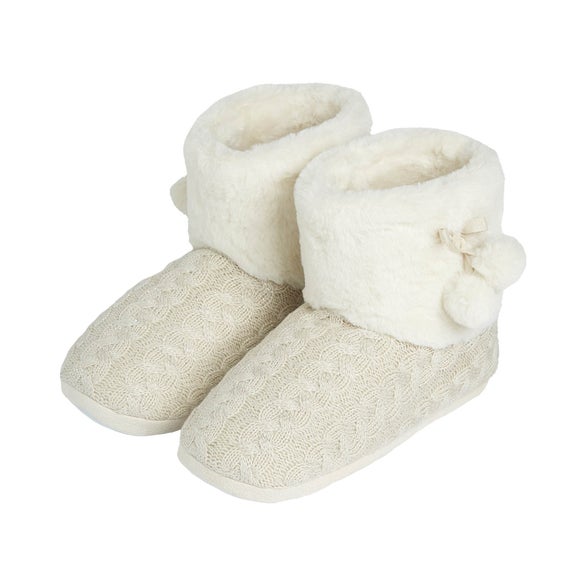 Knitted Boot With Fur Pom Pom Cream M