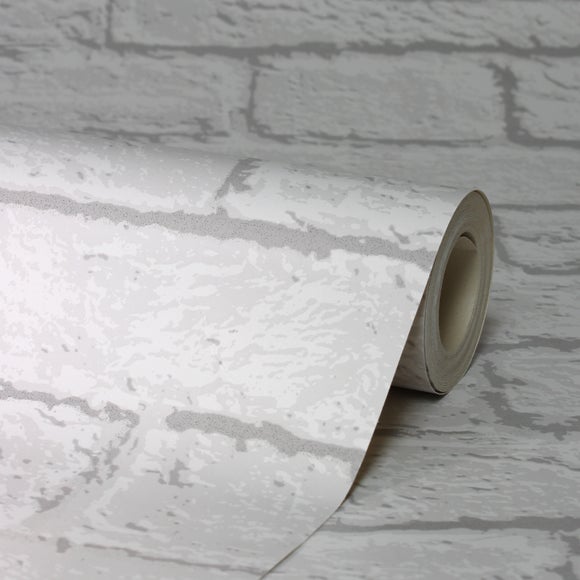 Glitter Brick White Wallpaper Dunelm