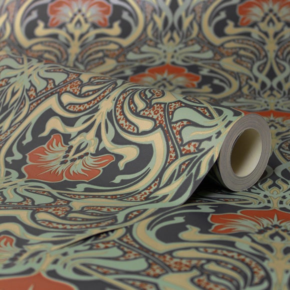 Flora Nouveau Peacock Green Wallpaper | Dunelm