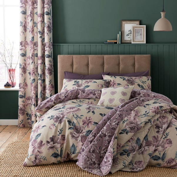 Catherine Lansfield Painted Plum Floral Bedspread Purple