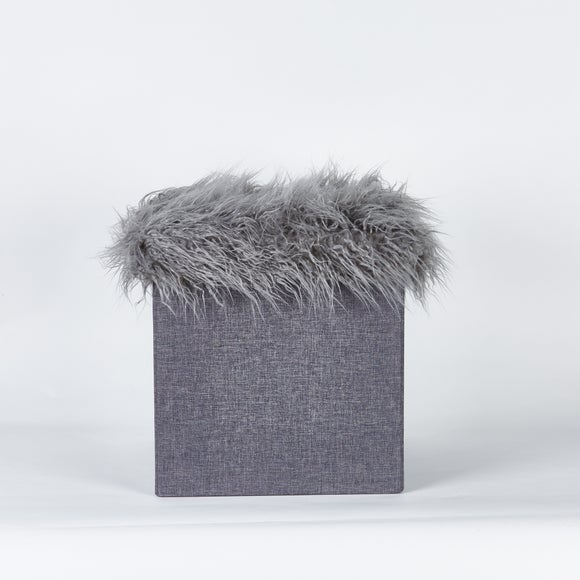 Grey Faux Fur Foldable Cube Ottoman Dunelm