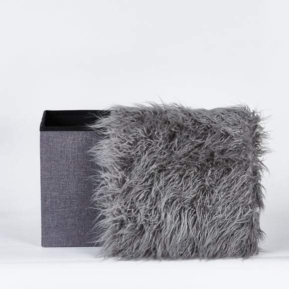 Grey Faux Fur Foldable Cube Ottoman Dunelm