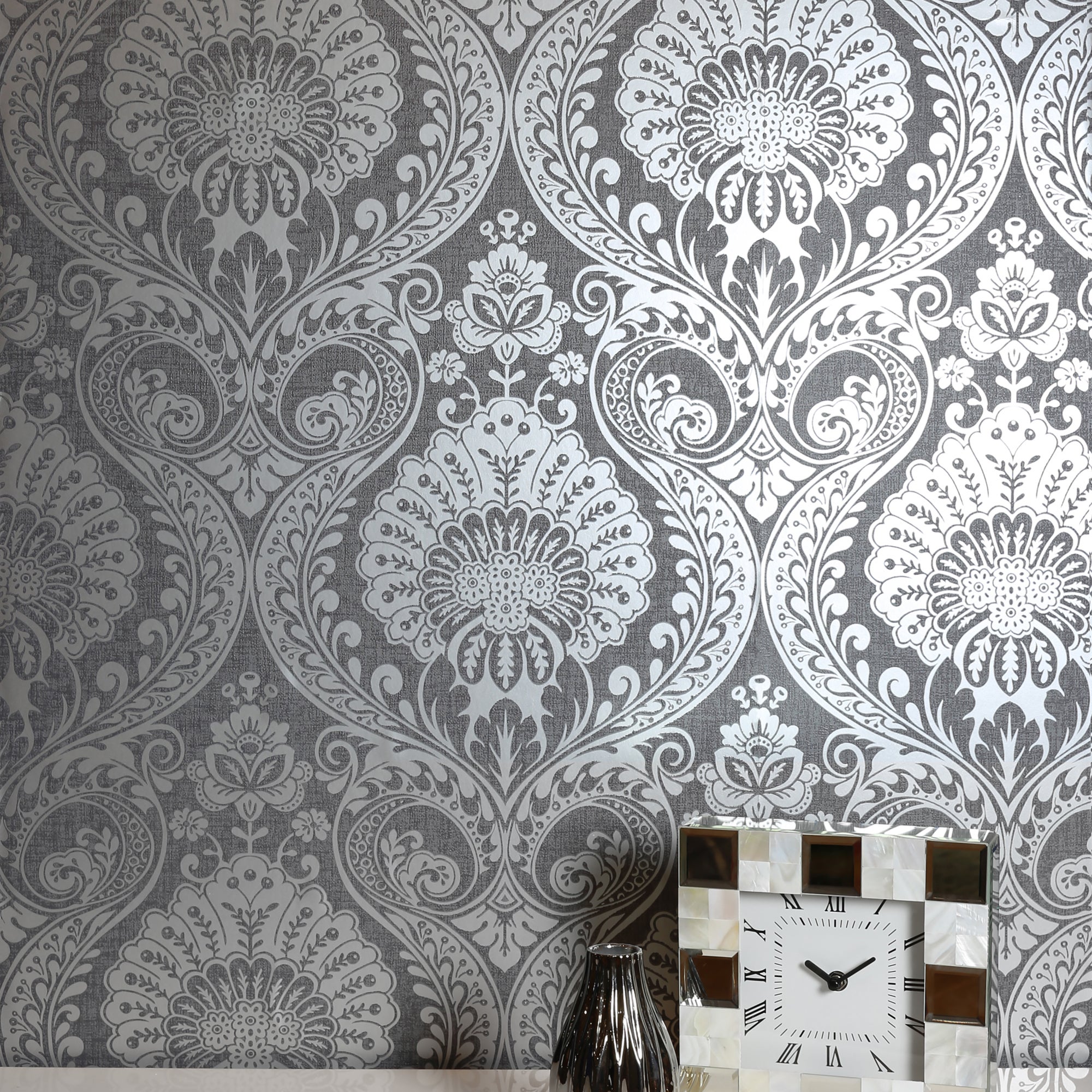 Luxe Gunmetal Grey Damask Wallpaper | Dunelm