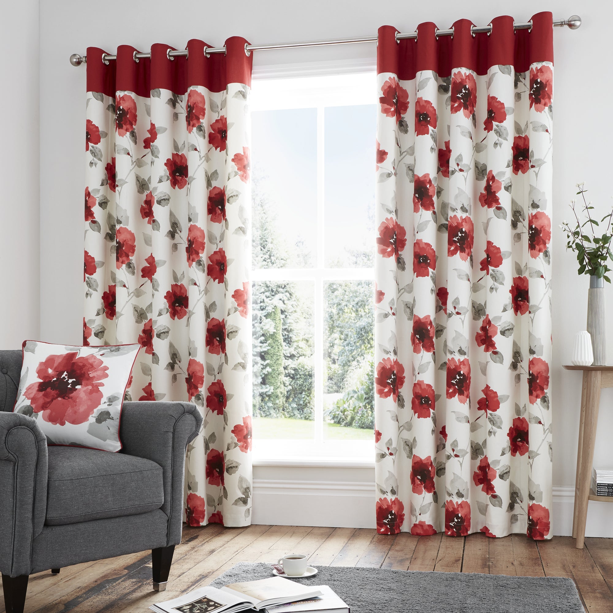 Adriana Red Floral Eyelet Curtains | Dunelm