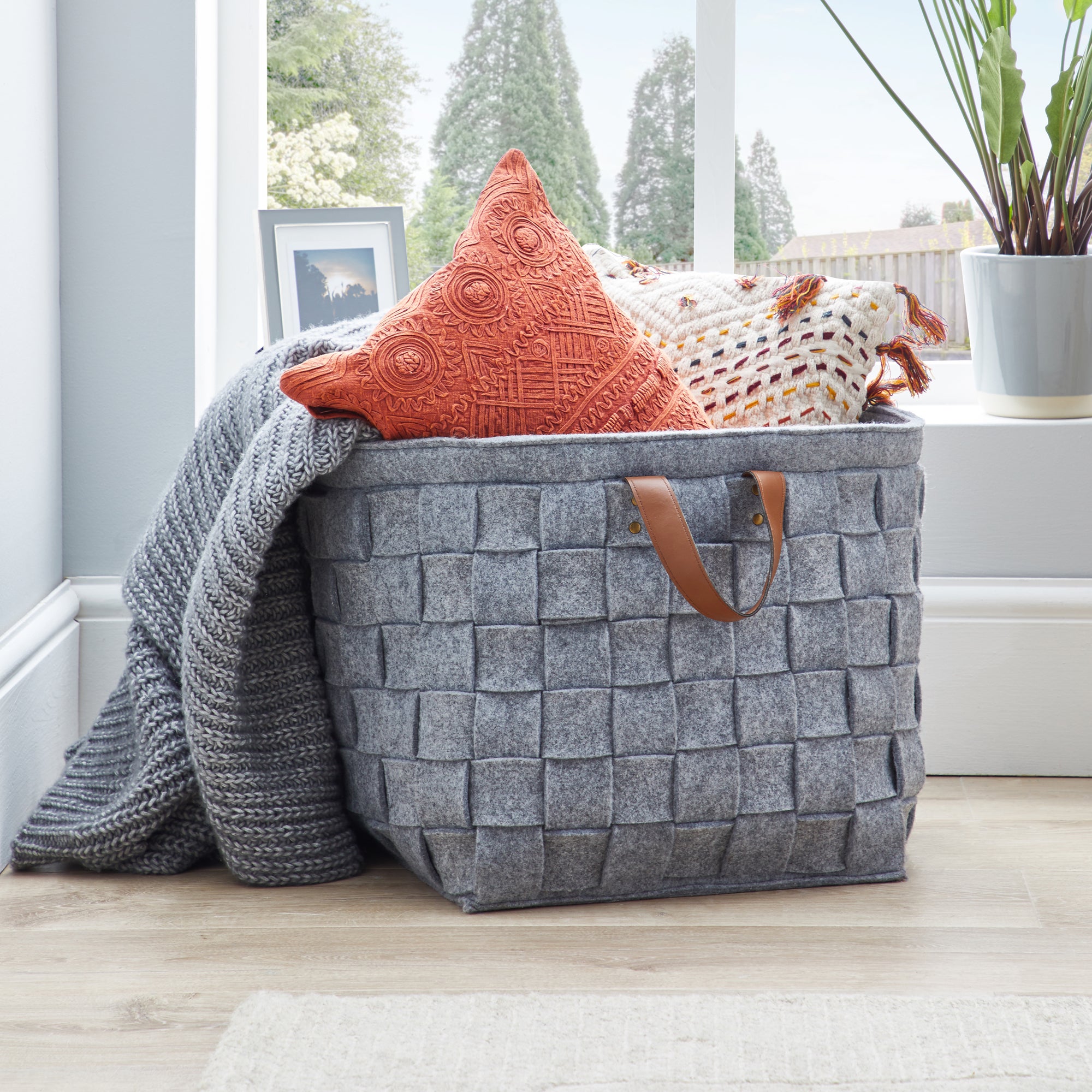 Grey Felt Storage Basket with Leather Handle | Dunelm