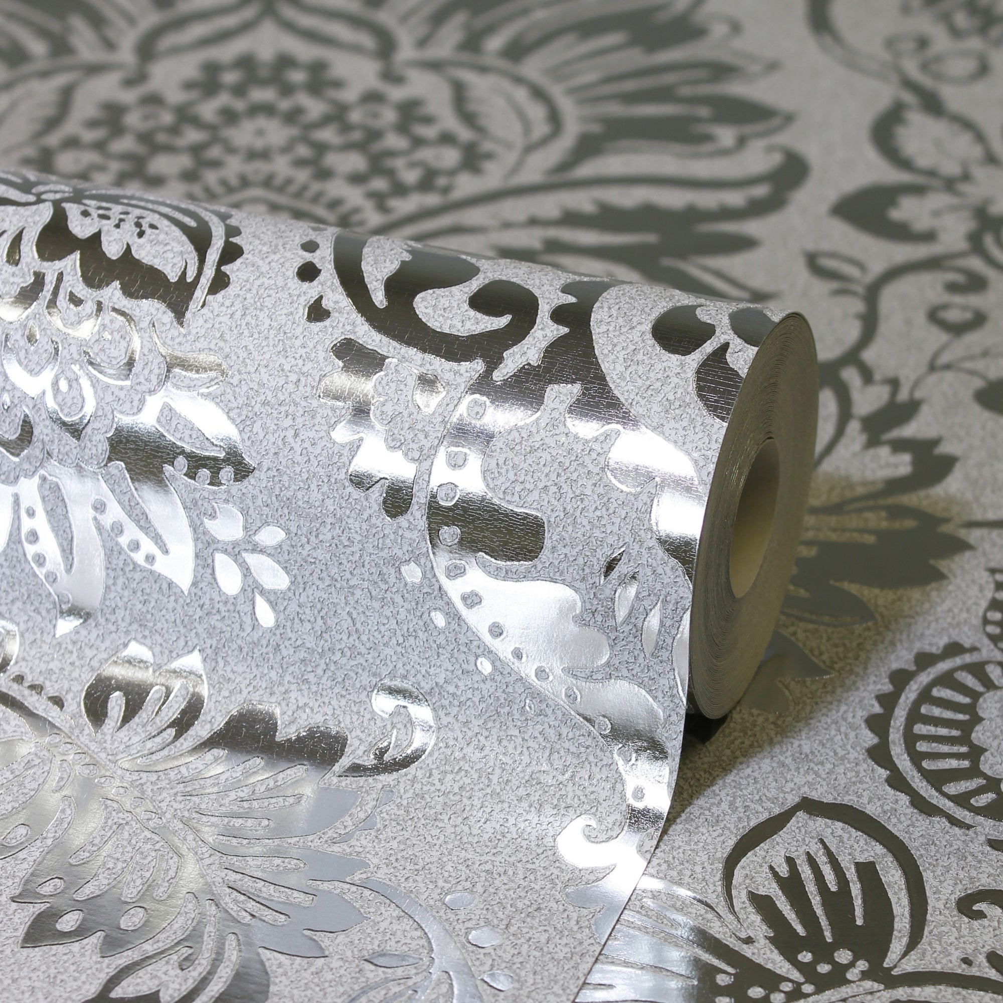 Platinum Silver Damask Vinyl Wallpaper | Dunelm