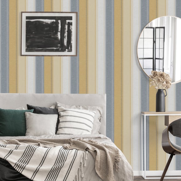 Ellis Stripe Ochre Wallpaper Dunelm