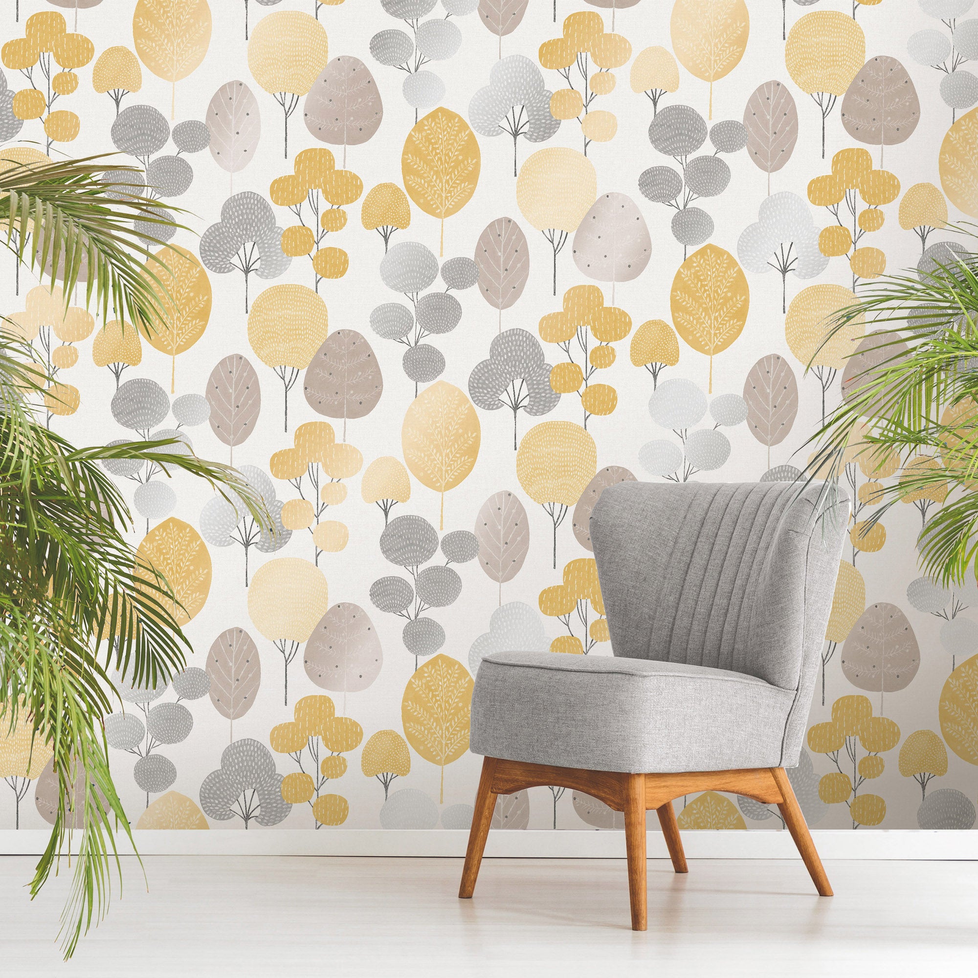 Scandi Mustard Forest Wallpaper | Dunelm