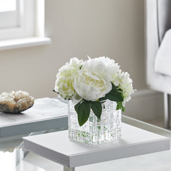 Artificial Hydrangea White in Glass Cube Vase 23cm Dunelm