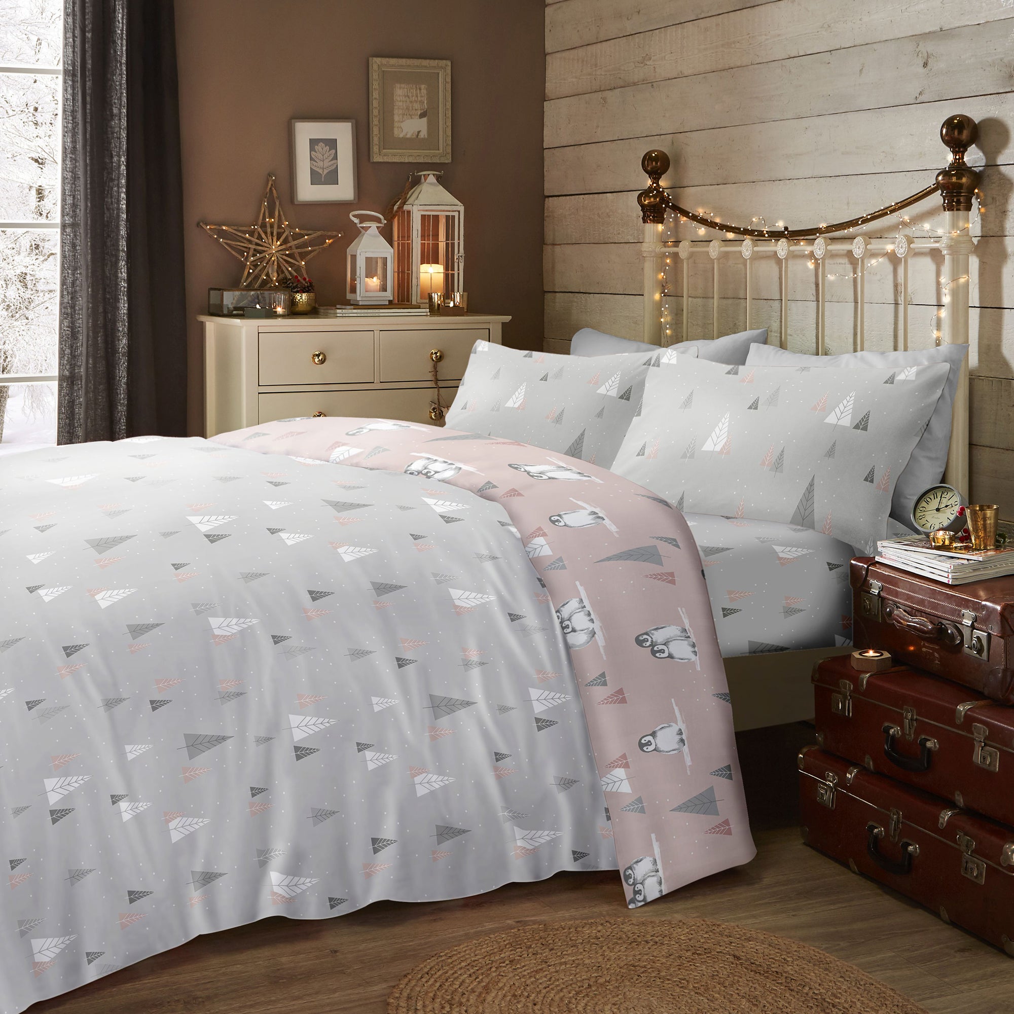 Fluffy Penguin Pink Reversible 100% Brushed Cotton Duvet Cover and Pillowcase Set  Dunelm