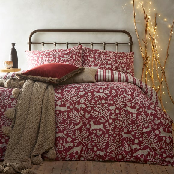 Scandinavian Woodland 100% Brushed Cotton Reversible Red Duvet Cover