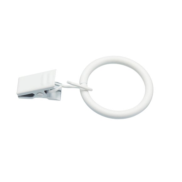 Pack of 6 White Curtain Rings with Clips Dia. 25mm Dunelm