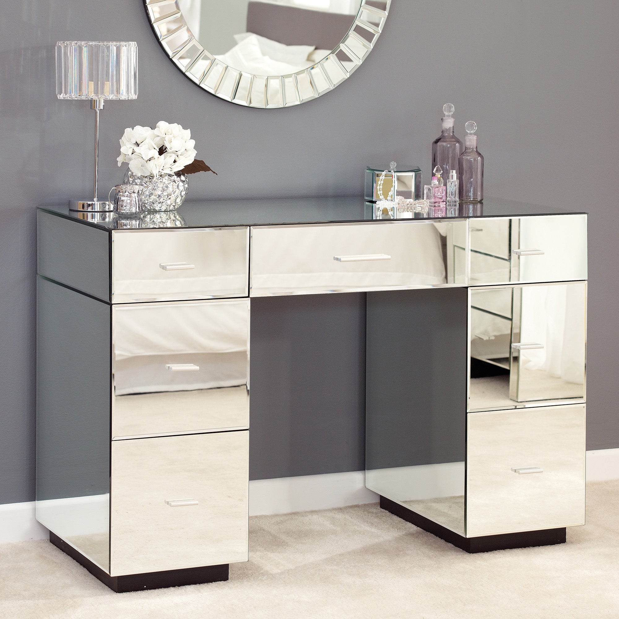 Venetian 7 Drawer Dressing Table Mirrored Clear