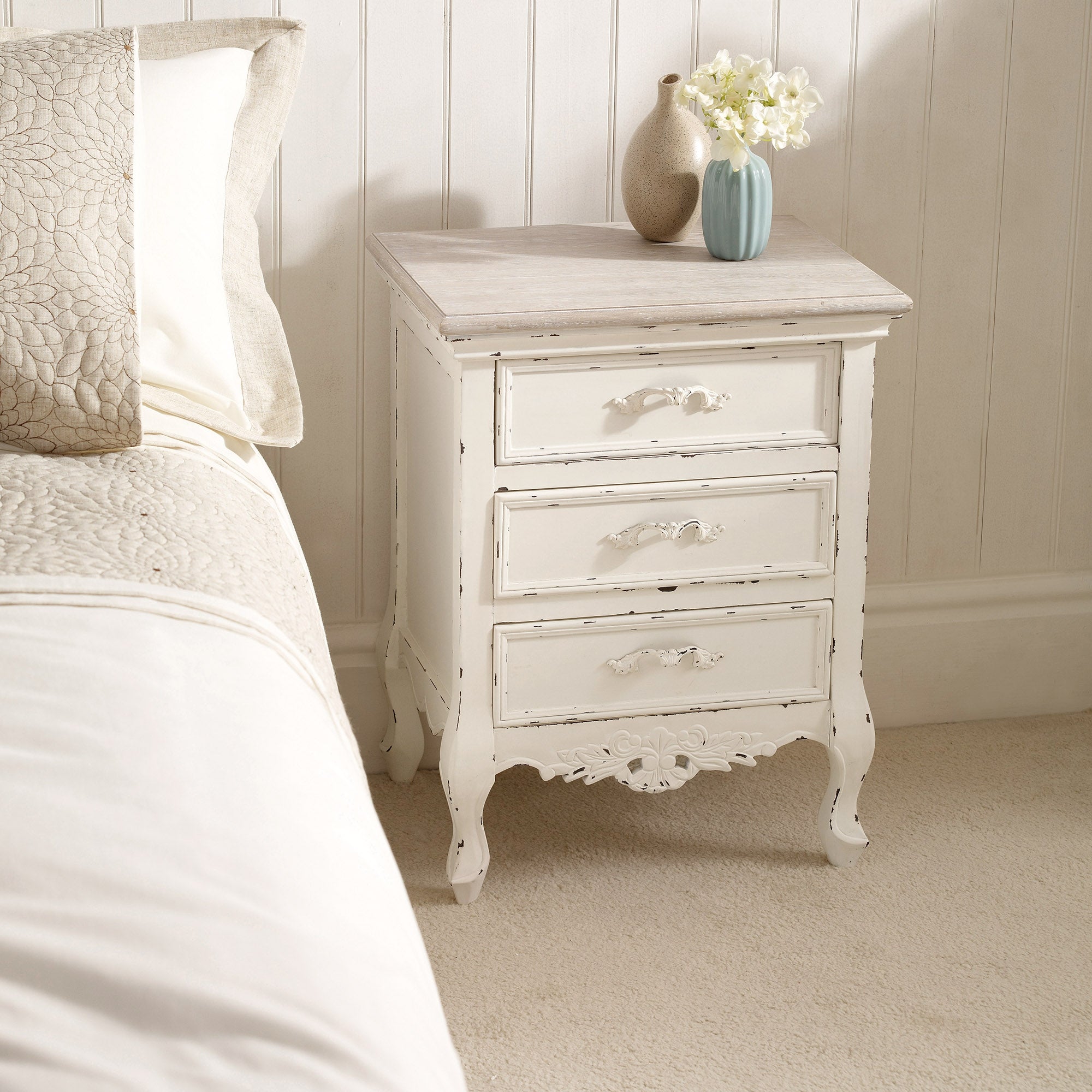 Camille Ivory 3 Drawer Bedside Table 