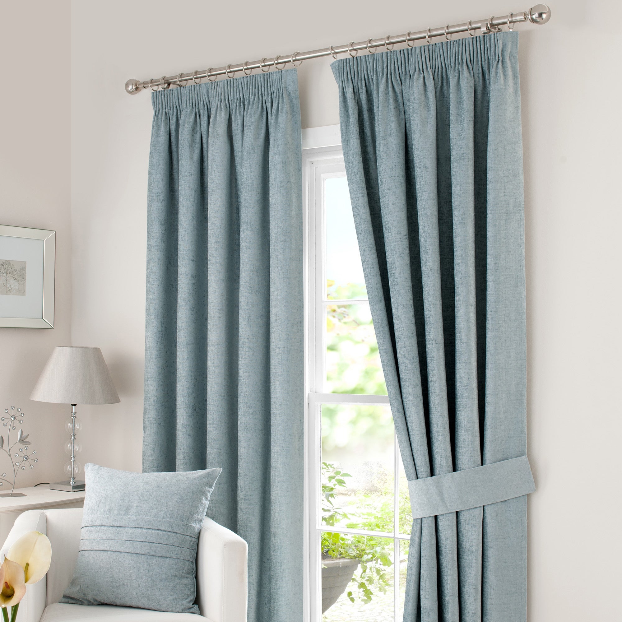 Chenille Duck-Egg Pencil Pleat Curtains | Dunelm