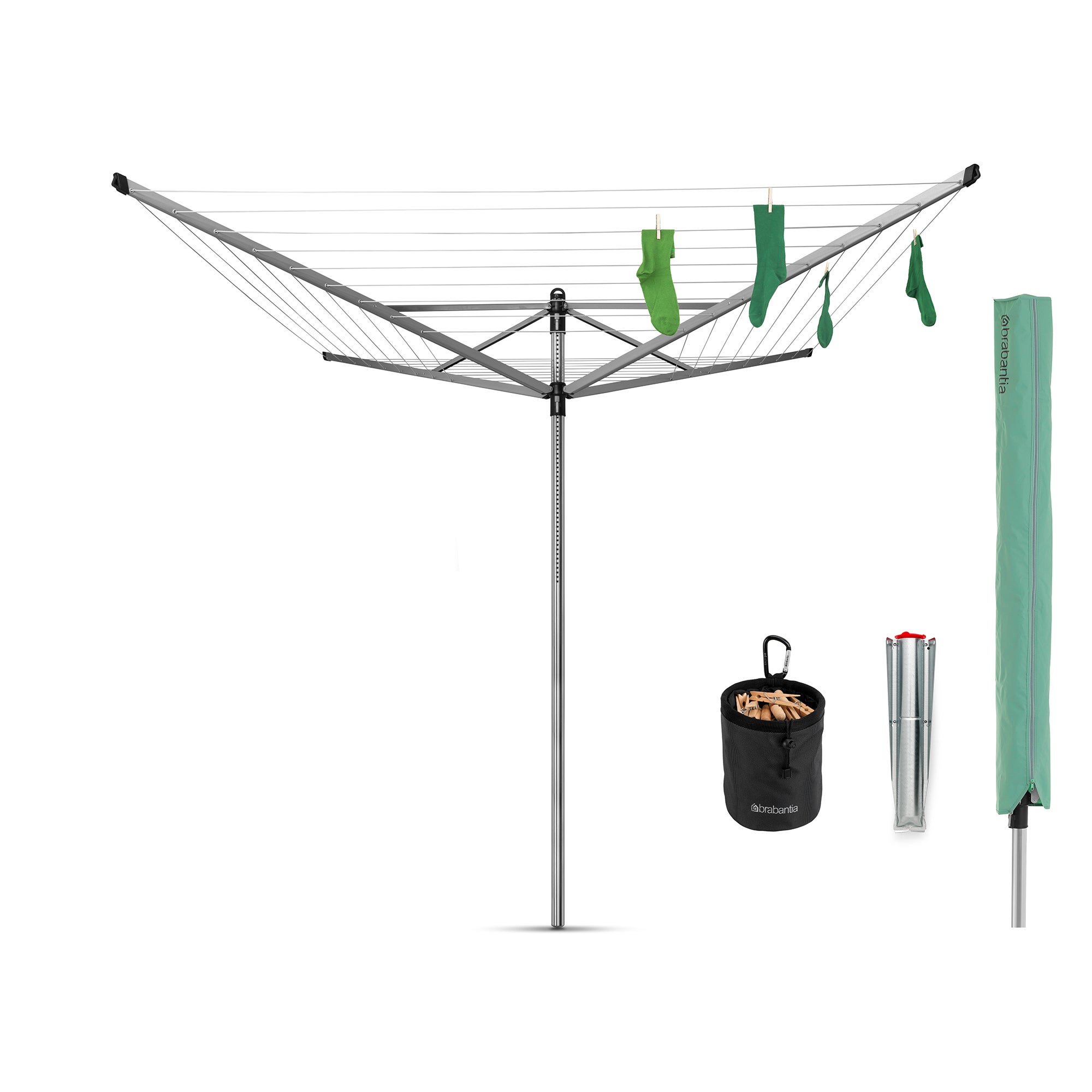 Brabantia 4 Arm Lift-O-Matic 50M Rotary Washing Line with Accessories