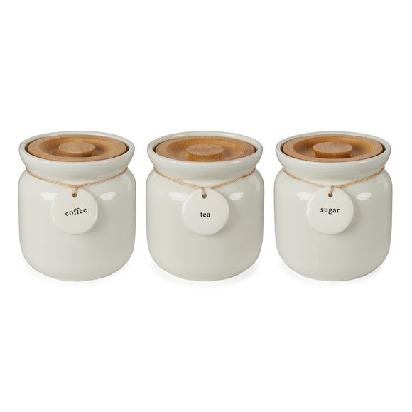 Kitchen Canisters with Swing Tags for Tea Coffee Sugar in White