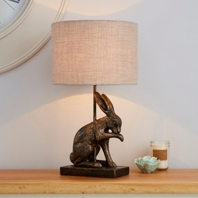 Hare Licking Paw Antique Brass Table Lamp