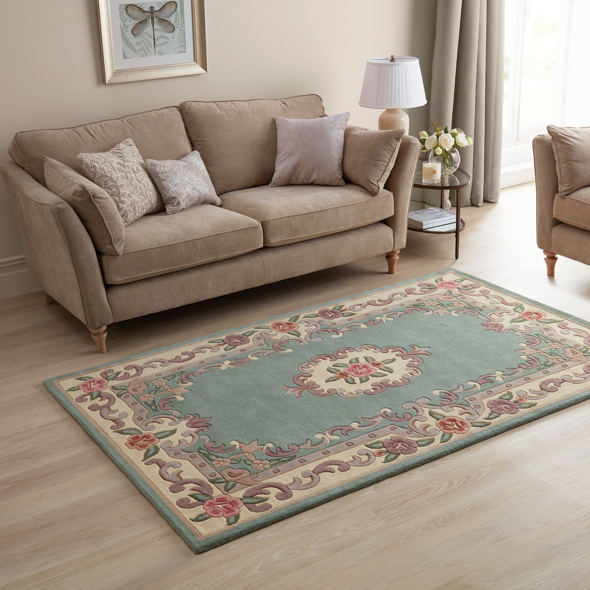 Lotus Premium Aubusson Rug Green Pink And Beige