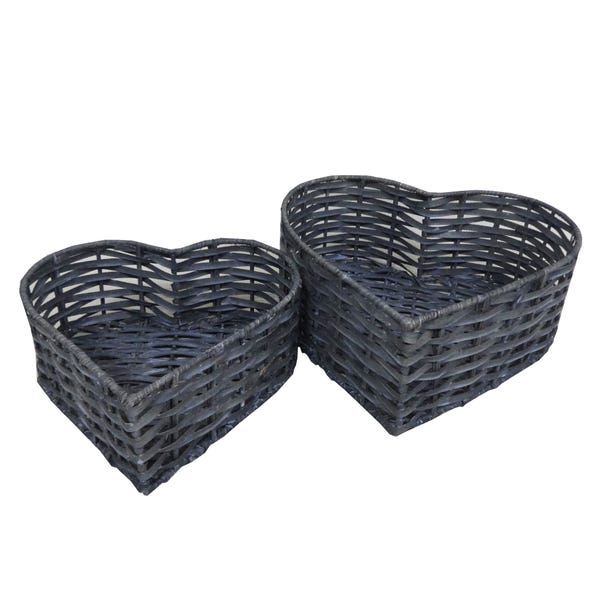 Set of 2 Grey Heart Wicker Baskets Grey
