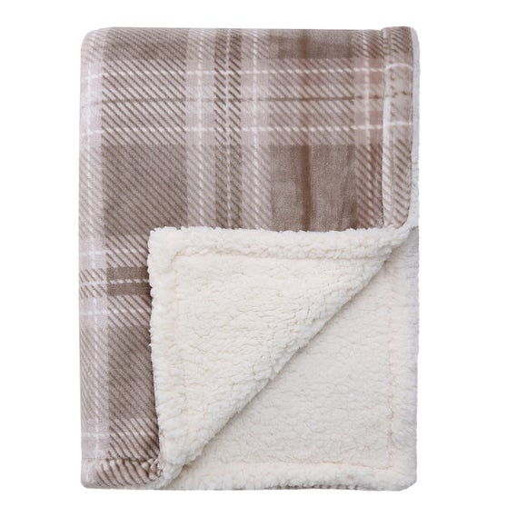 Checked Reverse Sherpa Fleece Natural Throw Blanket