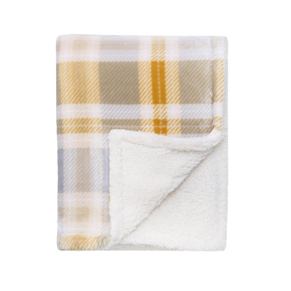 Checked Reverse Sherpa Fleece Ochre Throw Blanket