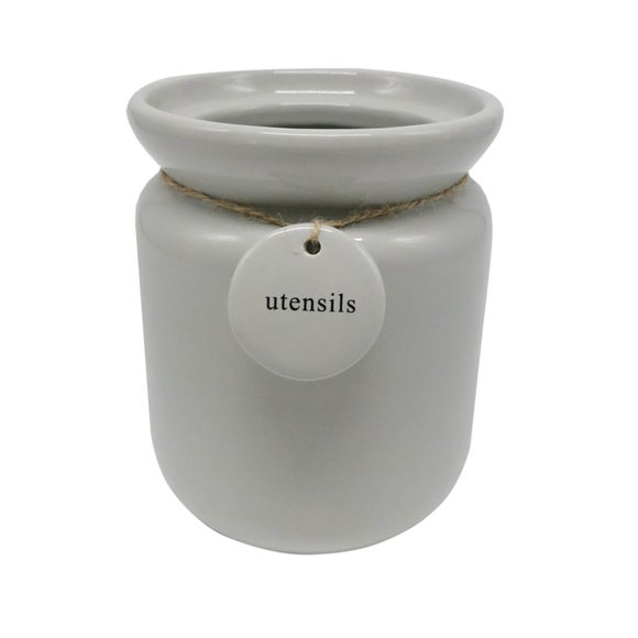 Grey Kitchen Canister for Utensils with Swing Tag Label
