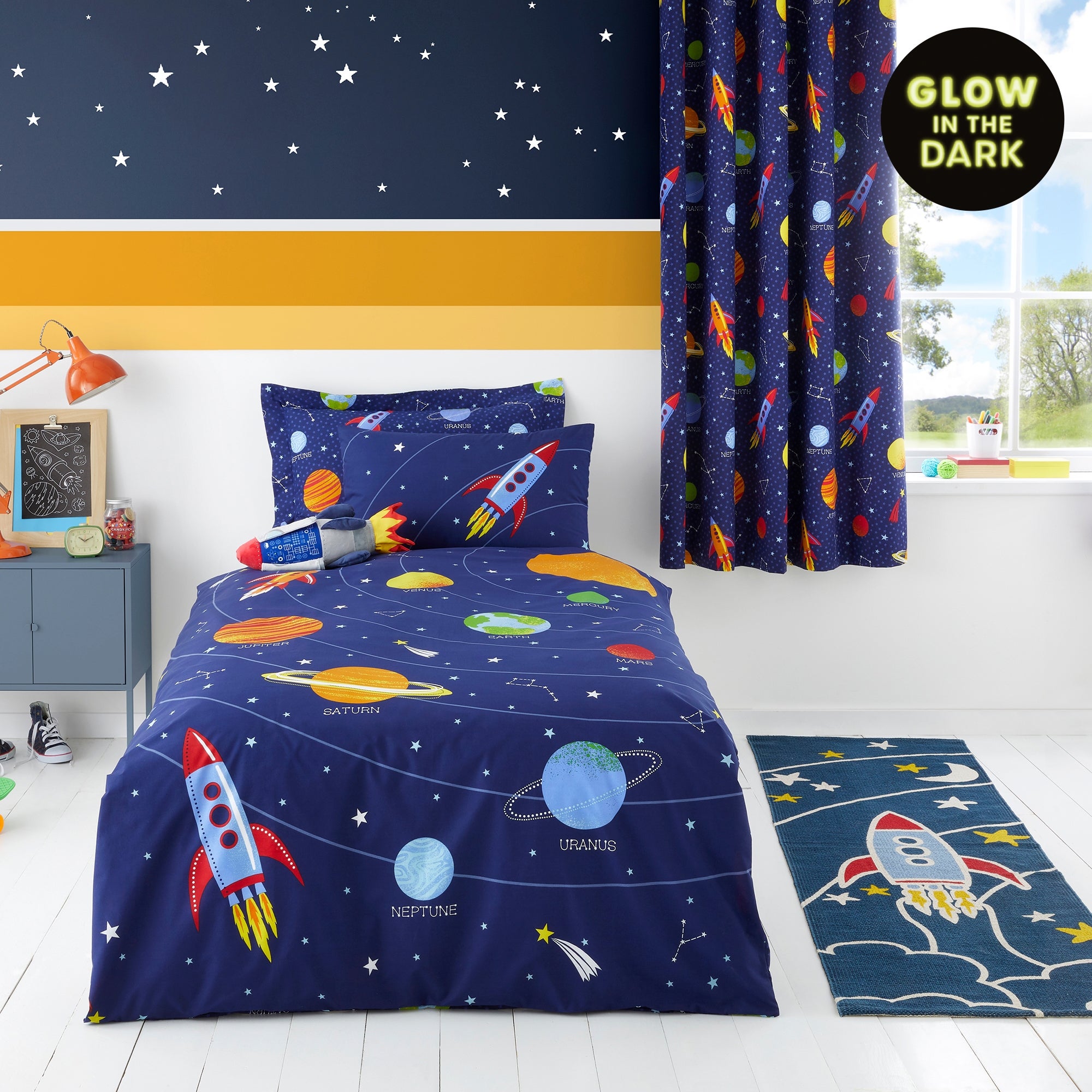 Space Glow In The Dark Duvet Cover And Pillowcase Set Navy Blue