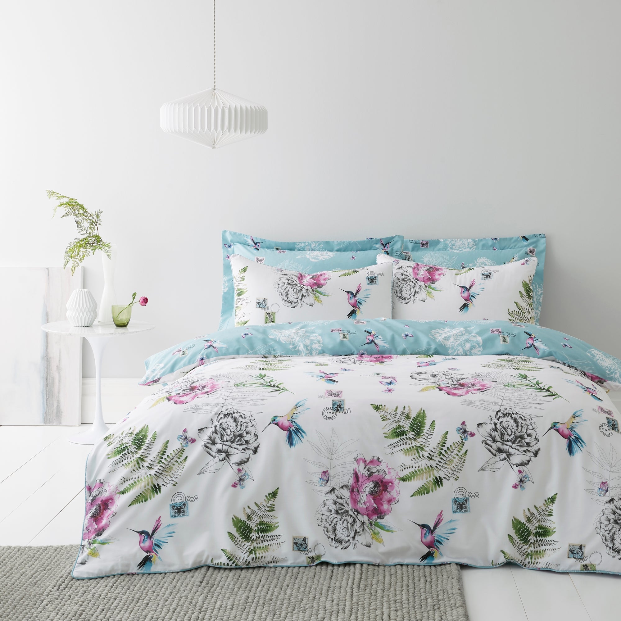 Heavenly Hummingbird Reversible Duck Egg Duvet Cover and Pillowcase Set ...