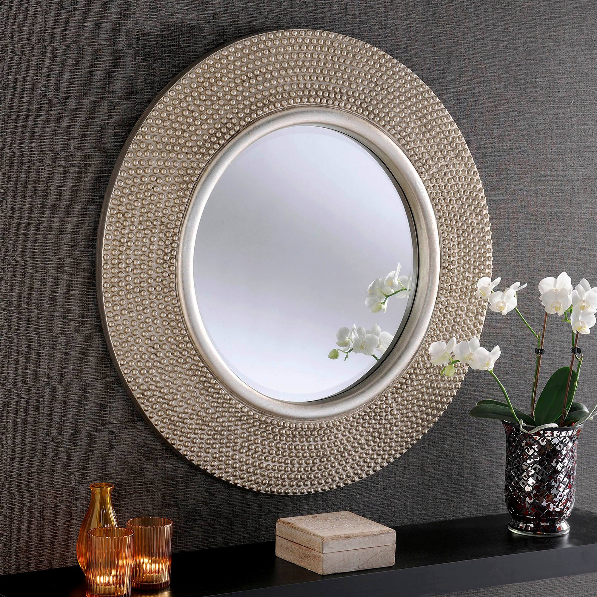 Click to view product details and reviews for Yearn Round Beaded Mirror 79x79cm Silver Silver.