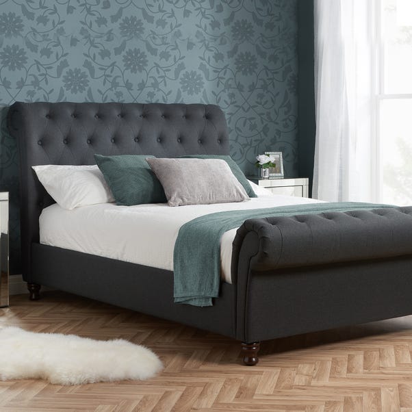 Castello Charcoal Sleigh Fabric Bed, Upholstered Sleigh Bed Frame