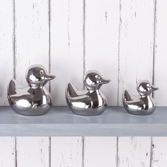 Set Of 3 Silver Ceramic Duck Ornaments