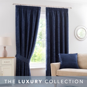 Chenille Navy Pencil Pleat Curtains