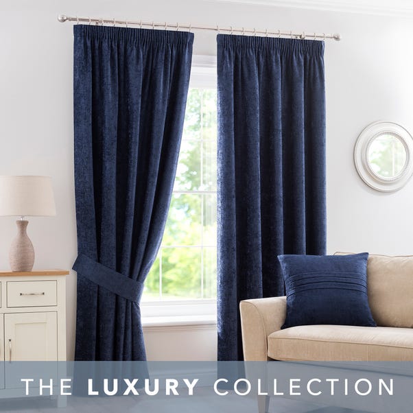 Chenille Navy Pencil Pleat Curtains  undefined