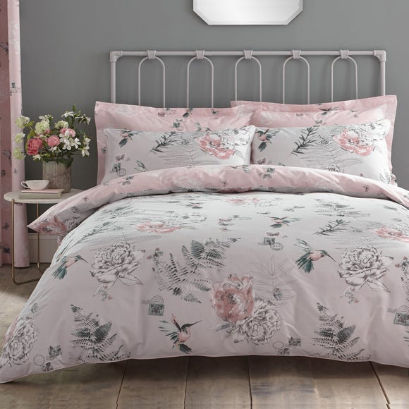 Heavenly Hummingbird Grey & Blush Duvet Cover and Pillowcase Set Dunelm