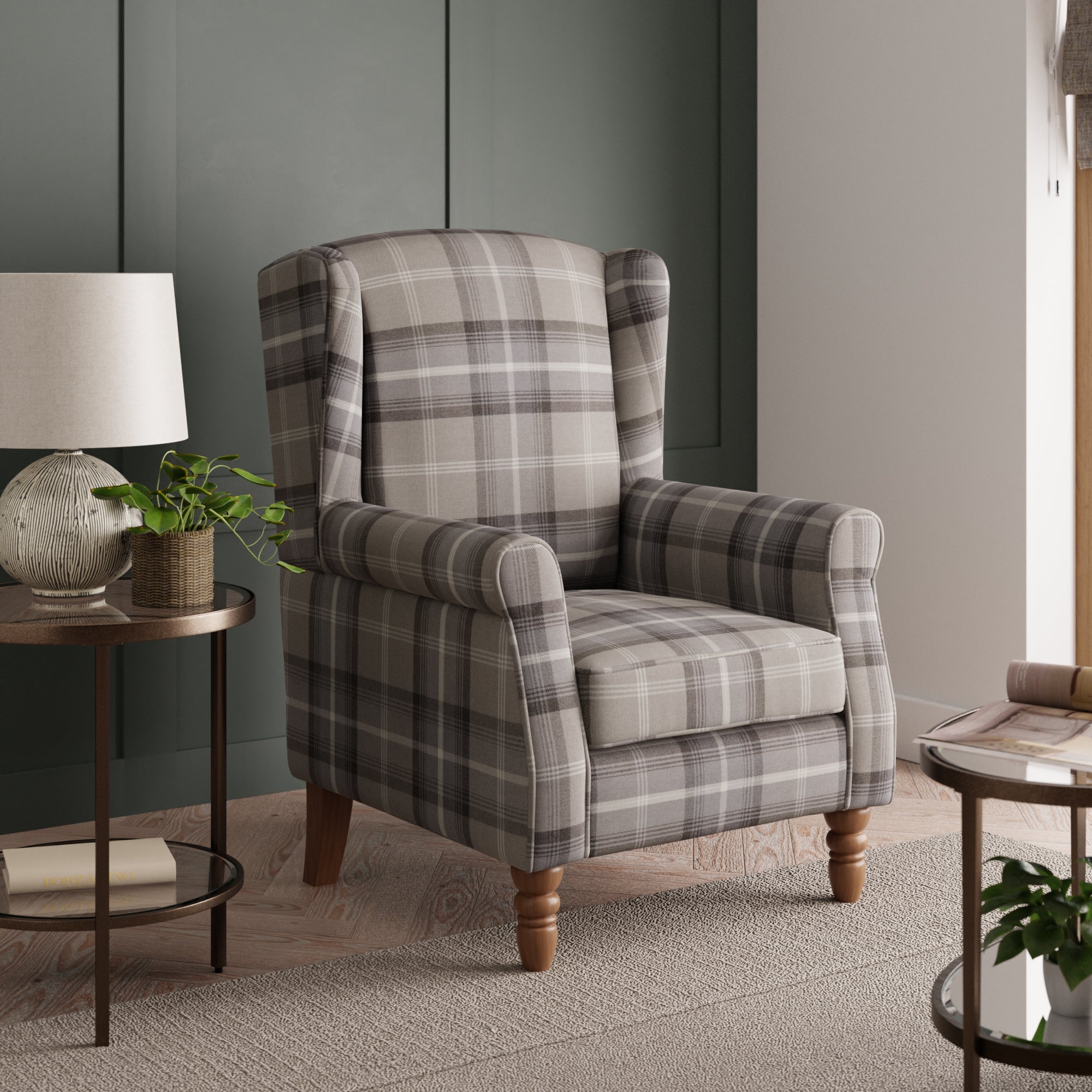 Oswald Check Wingback Armchair Grey And White