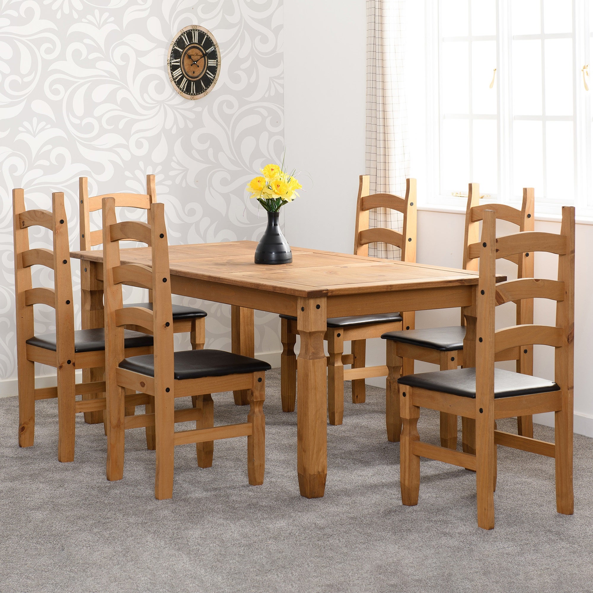 Corona Rectangular Dining Table with 6 Chairs, Pine Brown