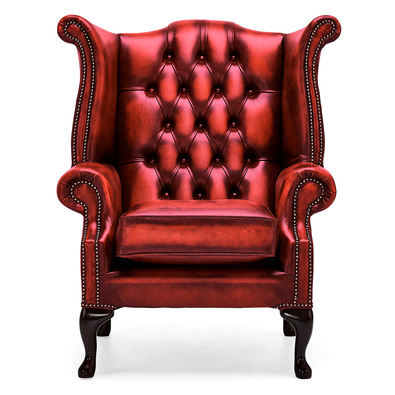 Belvedere Chesterfield Antique Leather Queen Anne Armchair Red