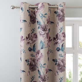 Catherine Lansfield Painted Floral Plum Eyelet Curtains