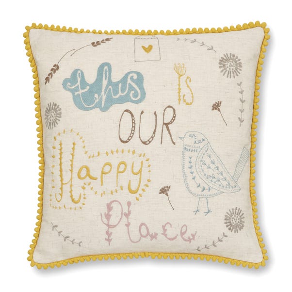 Scandi Happy Place Embroidered Ochre Cushion image 1 of 6