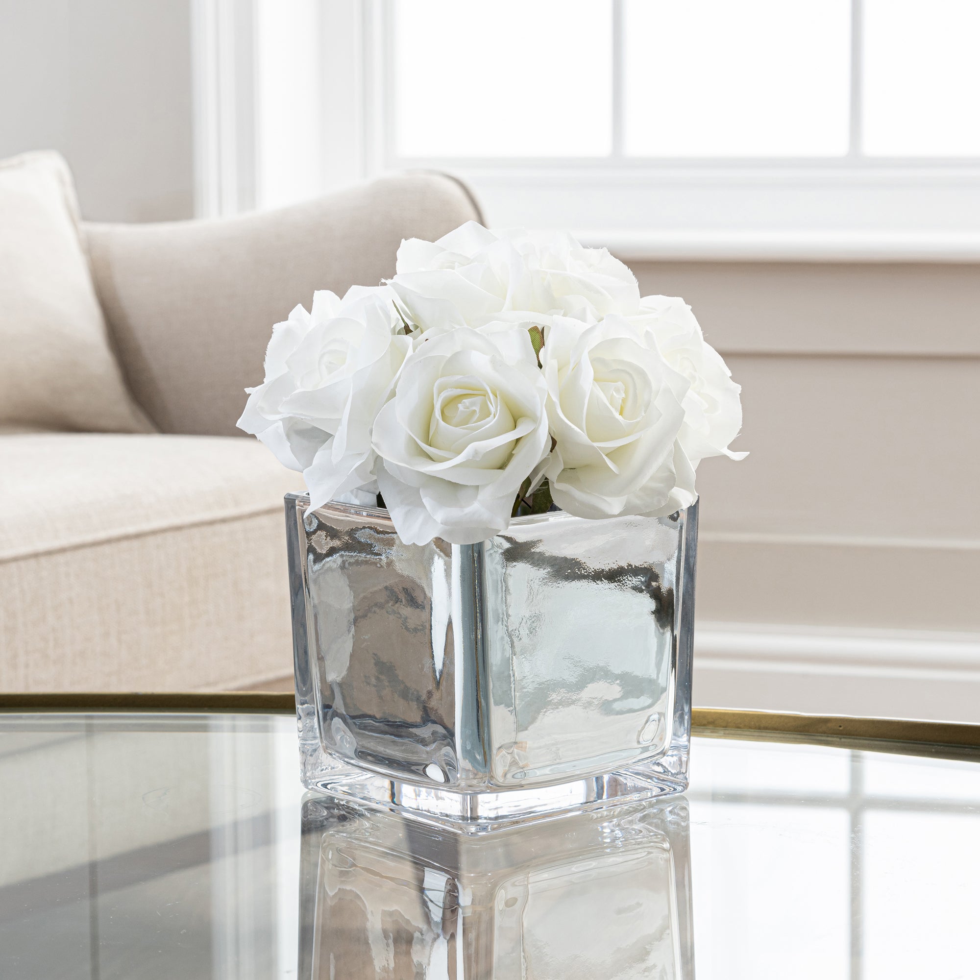 Artificial White Roses in Metallic Silver Plant Pot