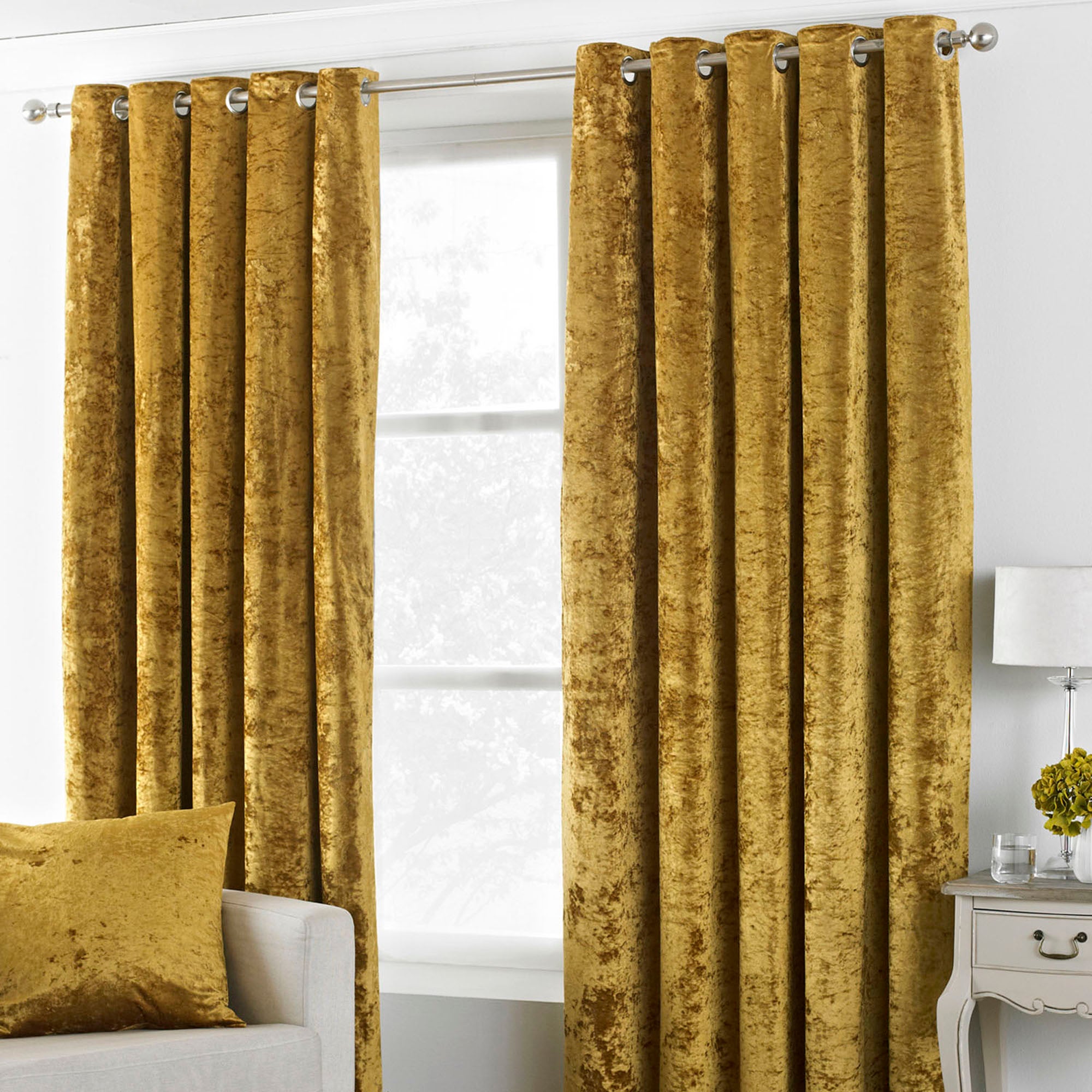 Photos - Curtains & Drapes Verona Ochre Velvet Eyelet Curtains Yellow 